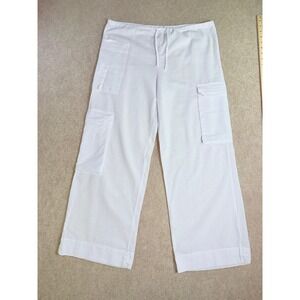 Wide Leg Cotton Cargo Pants White Drawstring Waist Coastal Utility Beach Size M